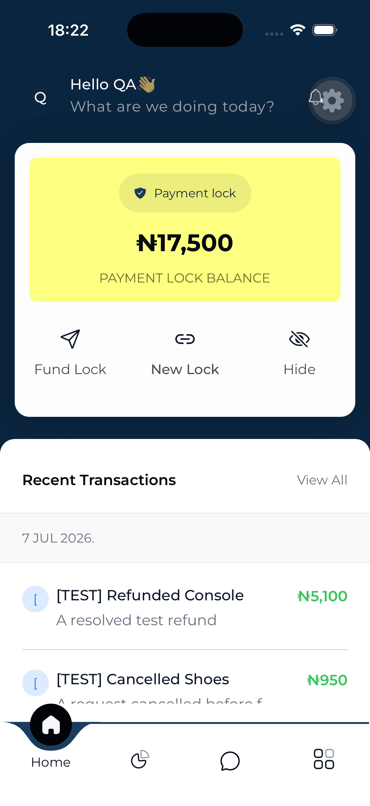 XcroTrust dashboard showing payment lock balance and recent transactions
